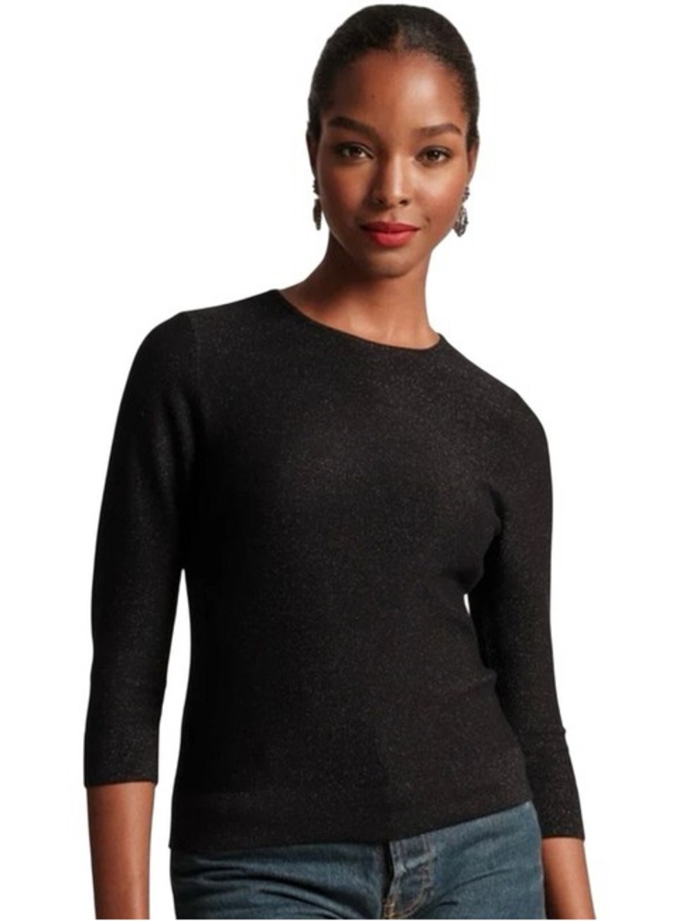 FRANCES VALENTINE size L Black Sparkle Rachel Knit Top Sweater 3/4 slv